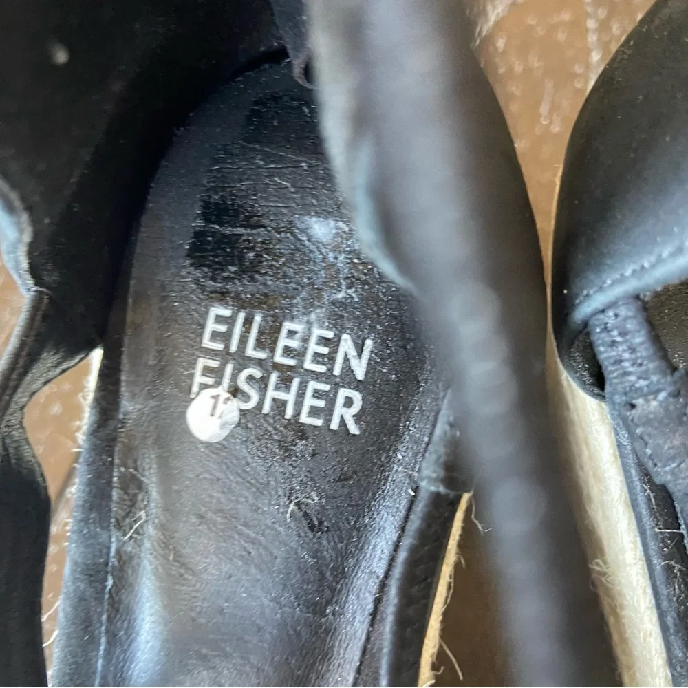 Eileen‎ Fisher Black Leather Strappy Espadrilles Sandals Wedges Size 6.5